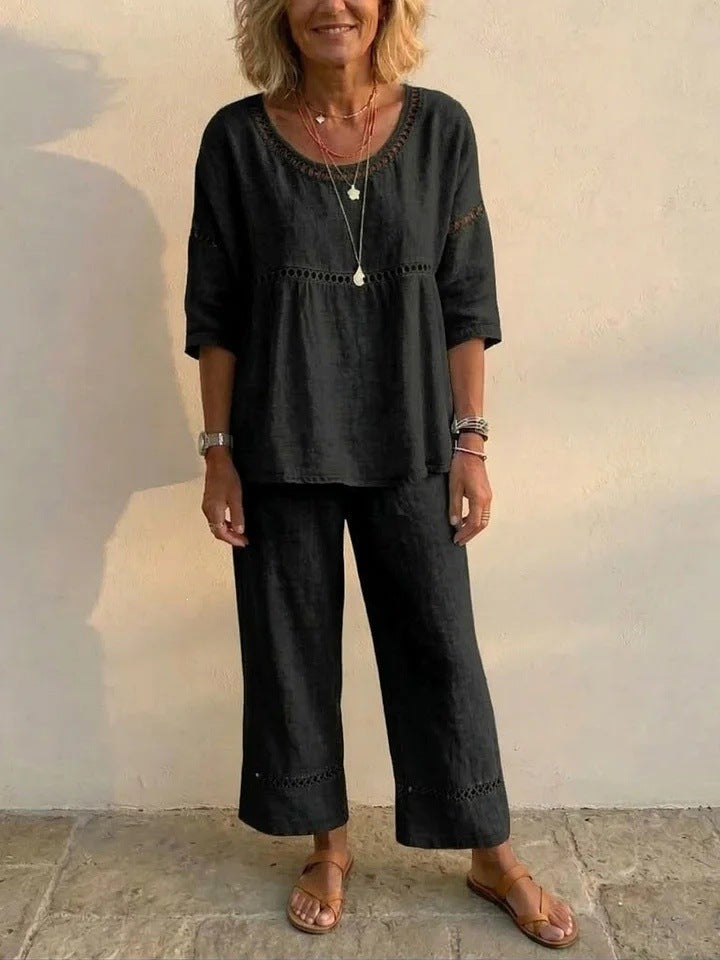 Women's Complete Linen Loungewear Suit with Airy Fit and Lace Accents Chic & Stil