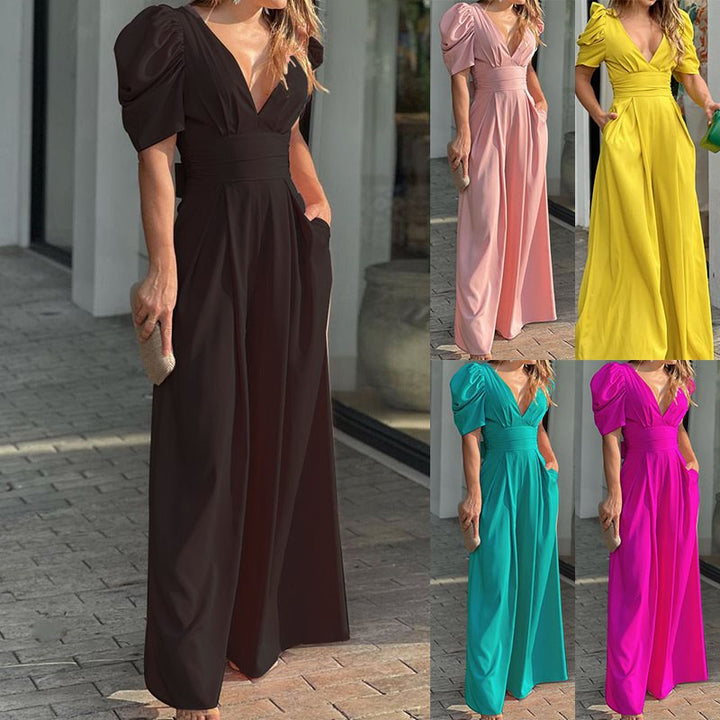 Elegant maxi dress for women with puff sleeves and a deep V-neck Lune London