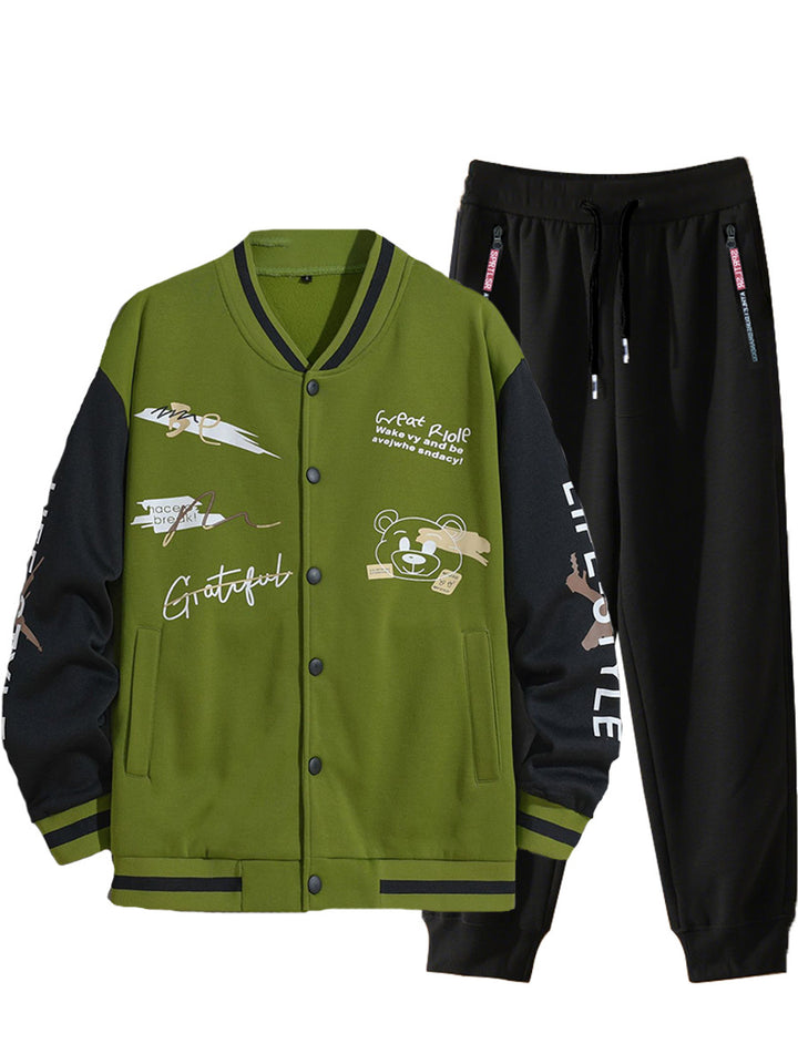 Men's College Style Sports Jacket Set and Jogging Pants with Colorful Patterns Lune London