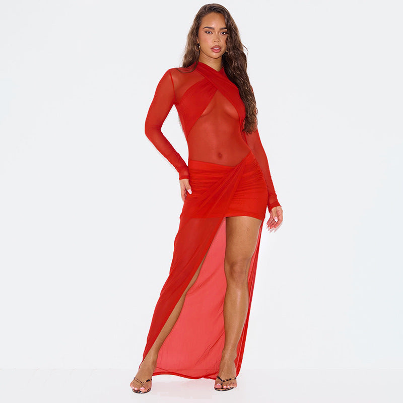 Long transparent dress for women with long sleeves featuring a high slit and draped silhouette Lune London