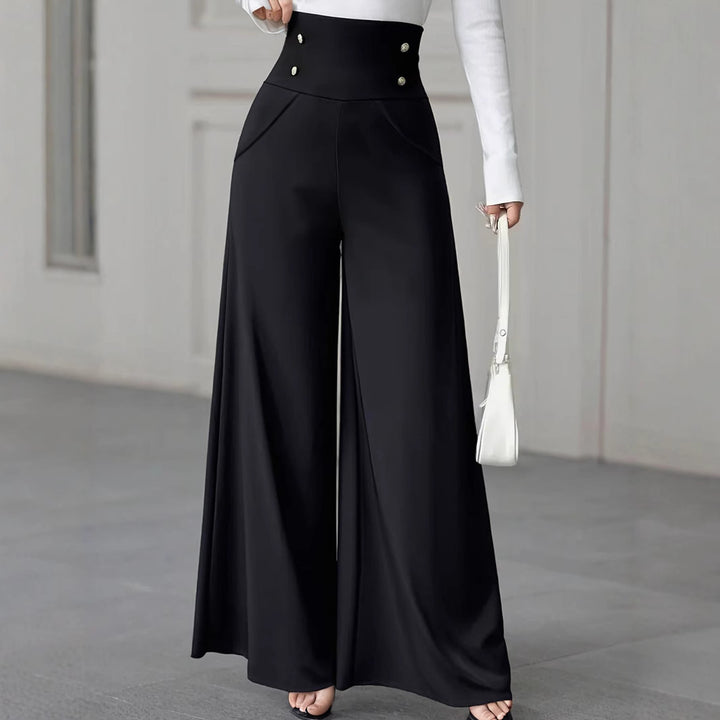 High-waisted palazzo pants for women with decorative buttons Lune London