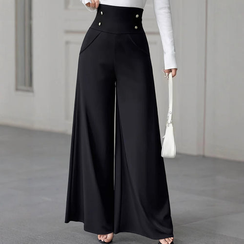 High-waisted palazzo pants for women with decorative buttons Lune London