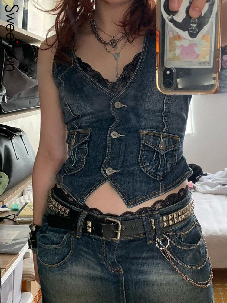 Women's denim bustier jacket with nostalgic lace insert and decorative button details Lune London