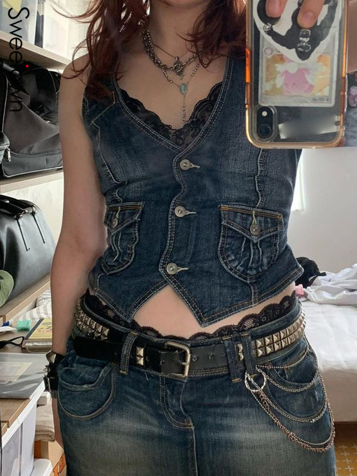 Women's denim bustier jacket with nostalgic lace insert and decorative button details Lune London