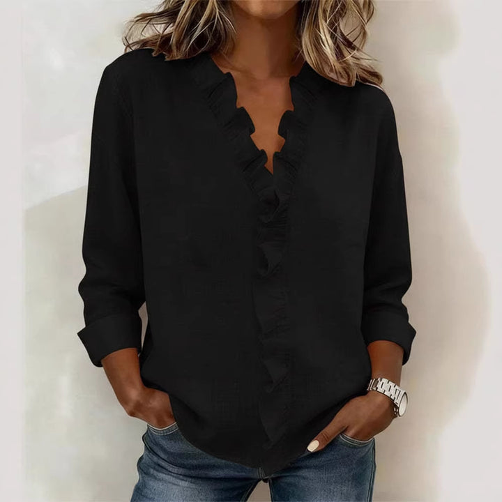 Women's romantic blouse with ruffle details and V-neck Lune London