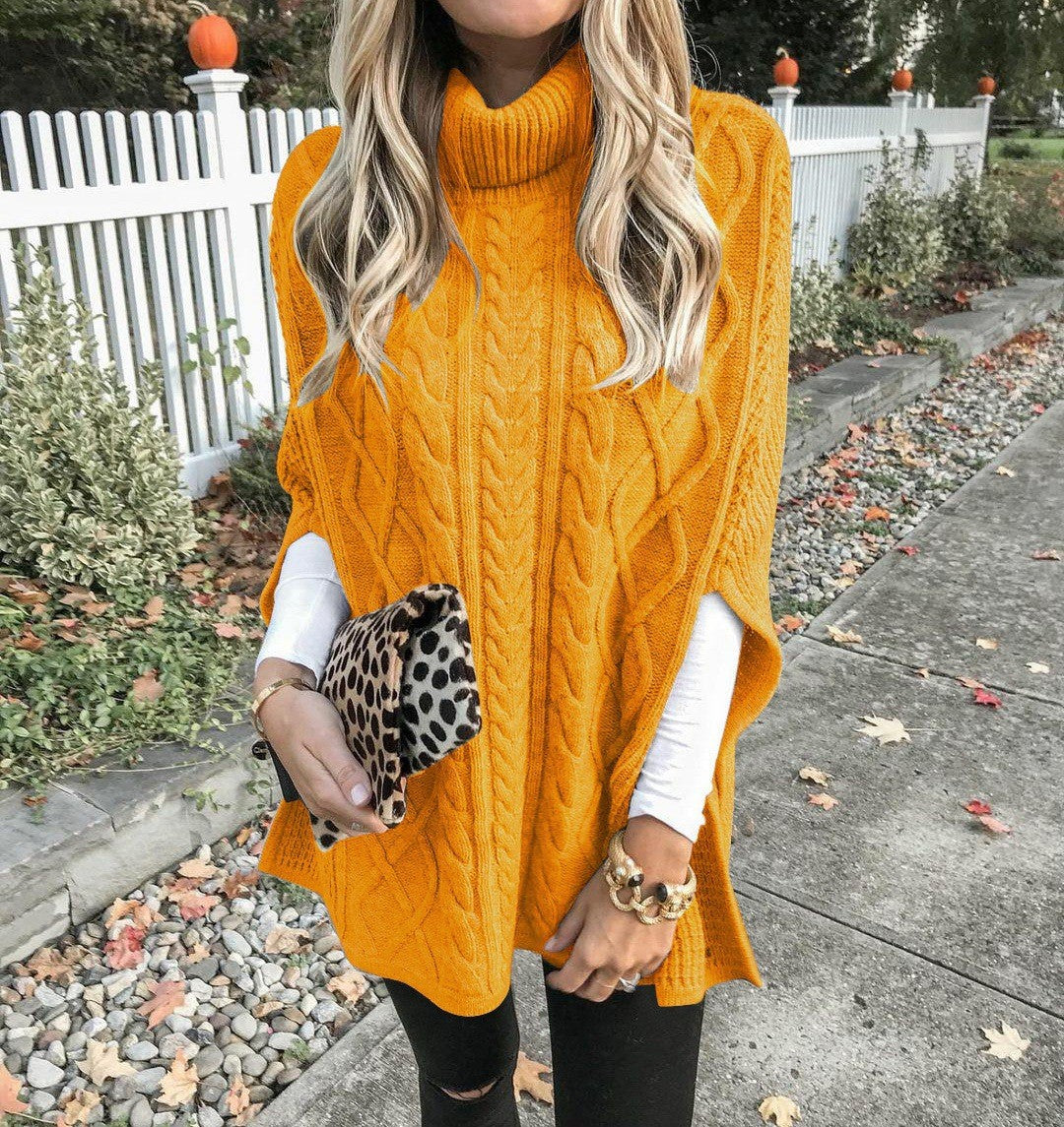 Knit poncho for women with high collar and decorative cable knit pattern Lune London