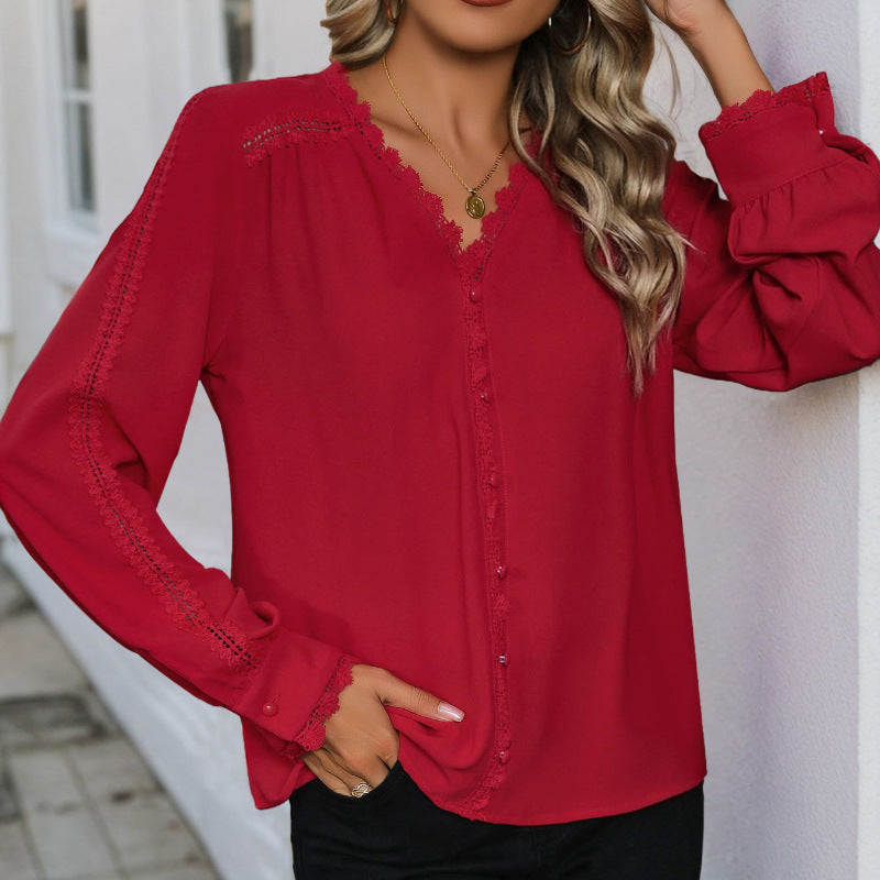Elegant blouse for women with lace accents and button placket Lune London