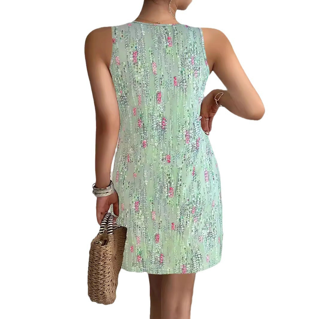 Women's sleeveless summer dress with trendy V-neck and button details Lune London