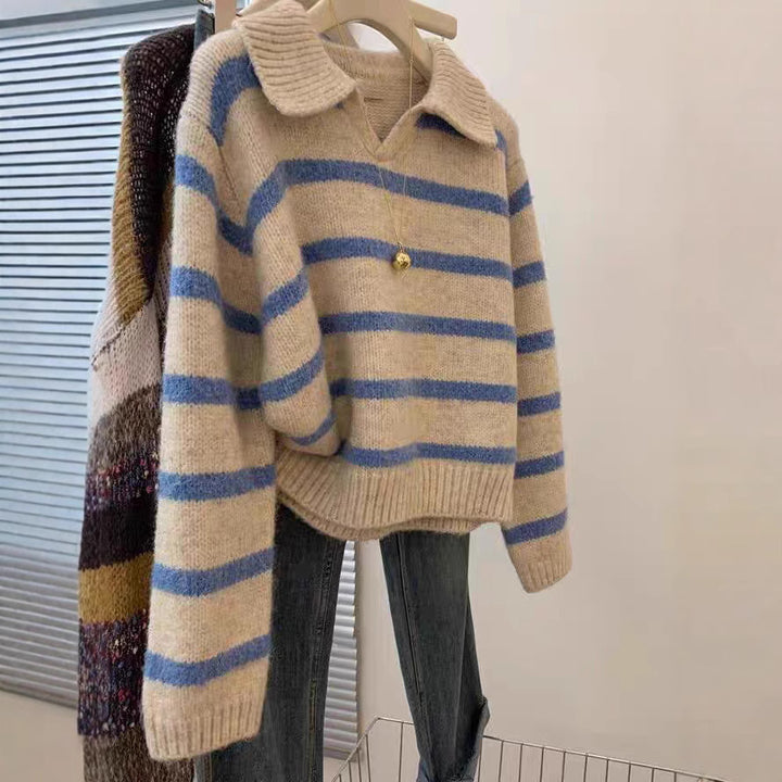 Knit sweater for women with V-neck and textured striped pattern Lune London