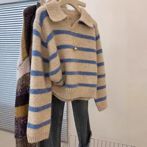 Knit sweater for women with V-neck and textured striped pattern Lune London