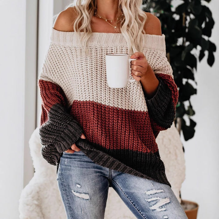Casual chunky knit sweater for women with off-shoulder design and decorative color combination Lune London