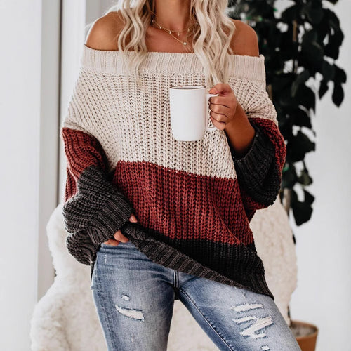 Casual chunky knit sweater for women with off-shoulder design and decorative color combination Lune London
