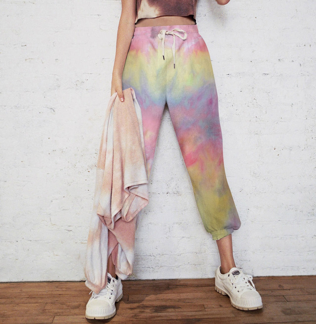 Leisure pants for women with a colorful tie-dye design and an elastic waistband Lune London