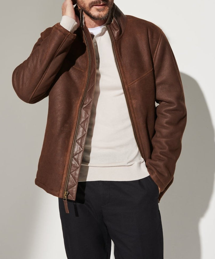 Men's Robust Leather Jacket with Quilted Details and High Collar Lune London