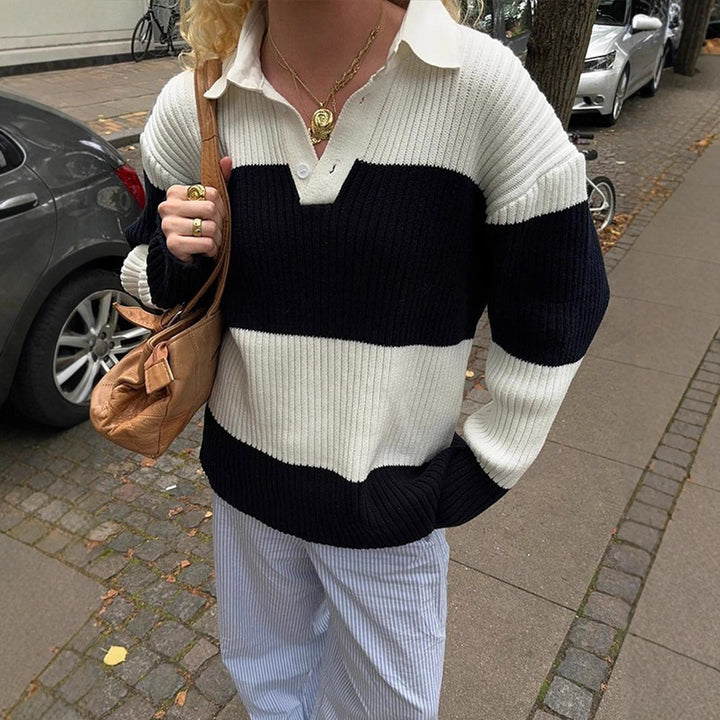 Women Sporty Sweater with Collar and Block Stripes Lune London