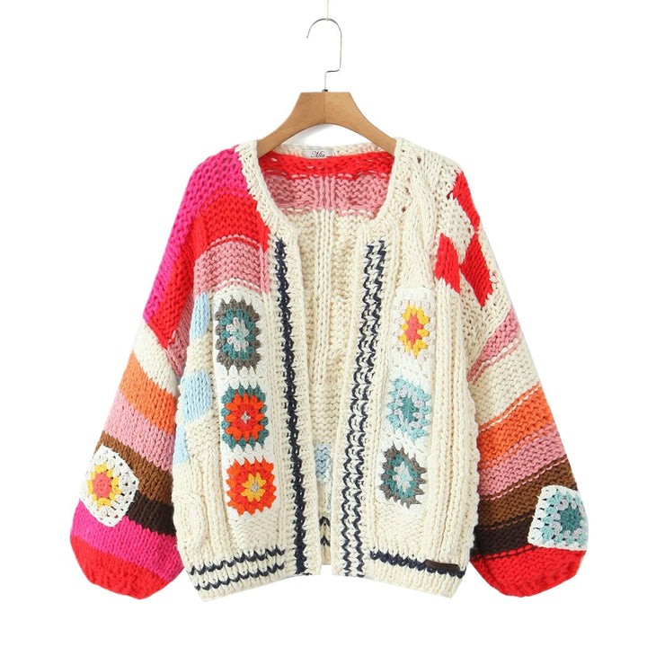 Trendy knitted jacket for women with colorful crochet patterns Lune London