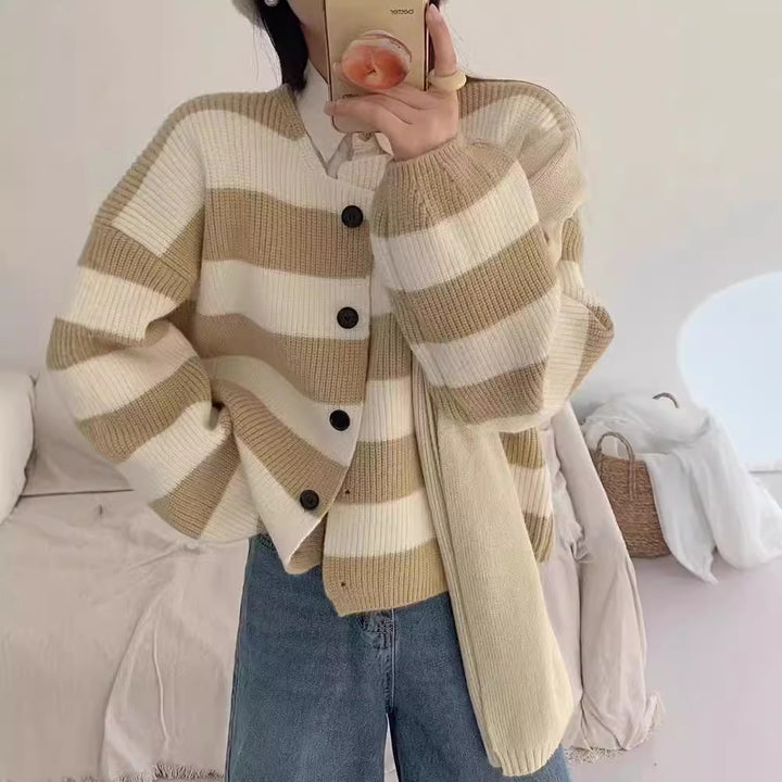 Women's knit jacket with snap button closure and bold stripes Lune London