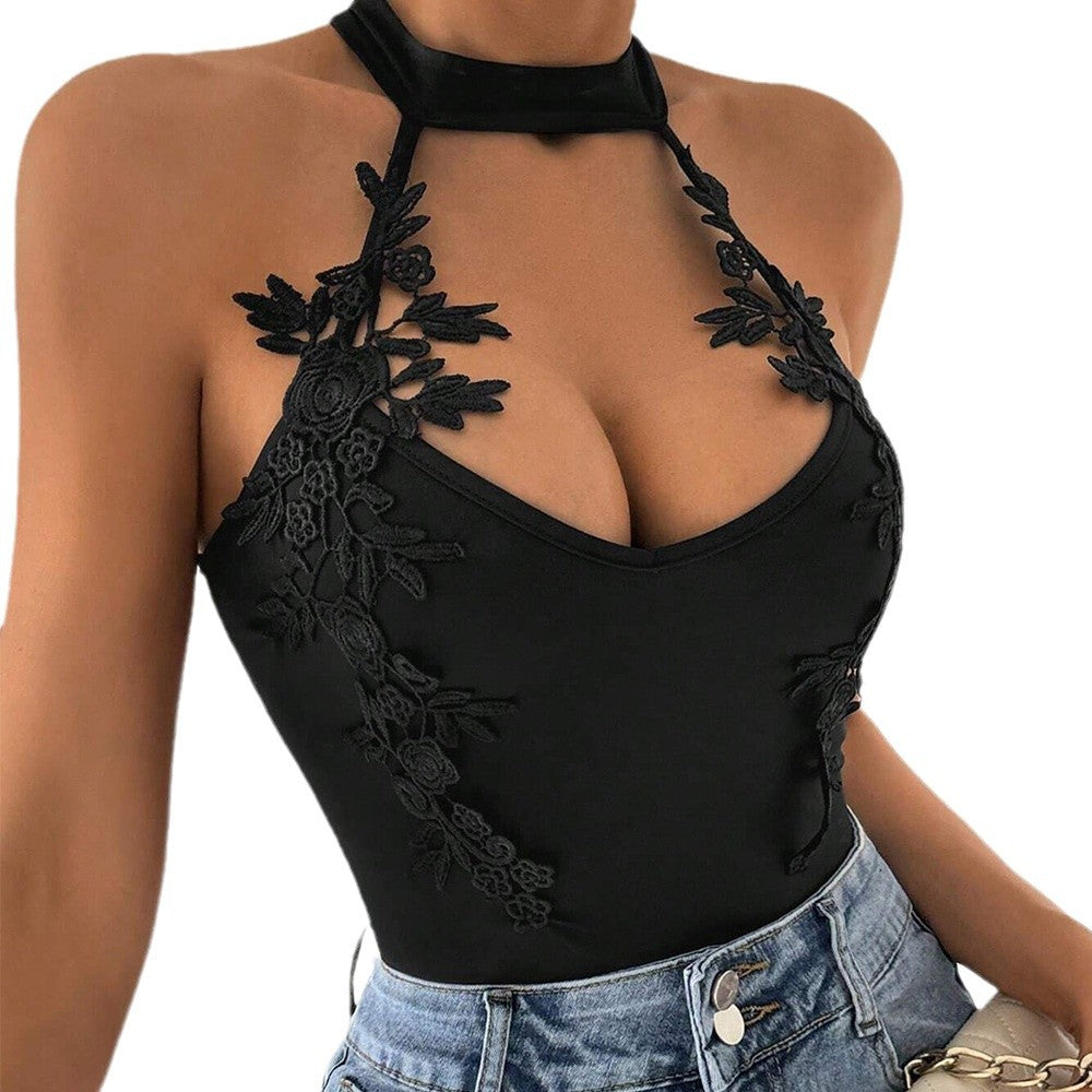 Body-halter pour femme avec accents en dentelle florale et décolleté en V profond Chic & Stil