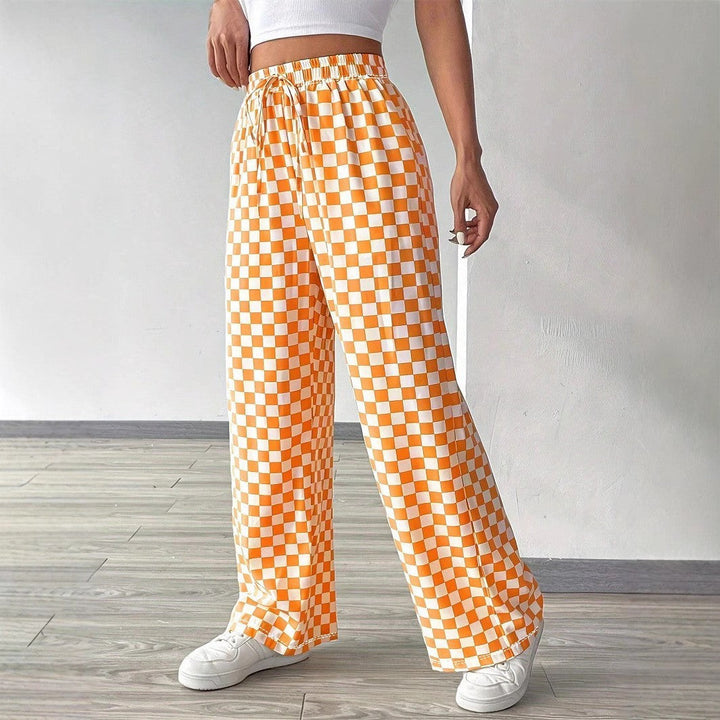 Lune London | Women's Wide Casual Pants with Checkered Pattern and Elastic Waistband