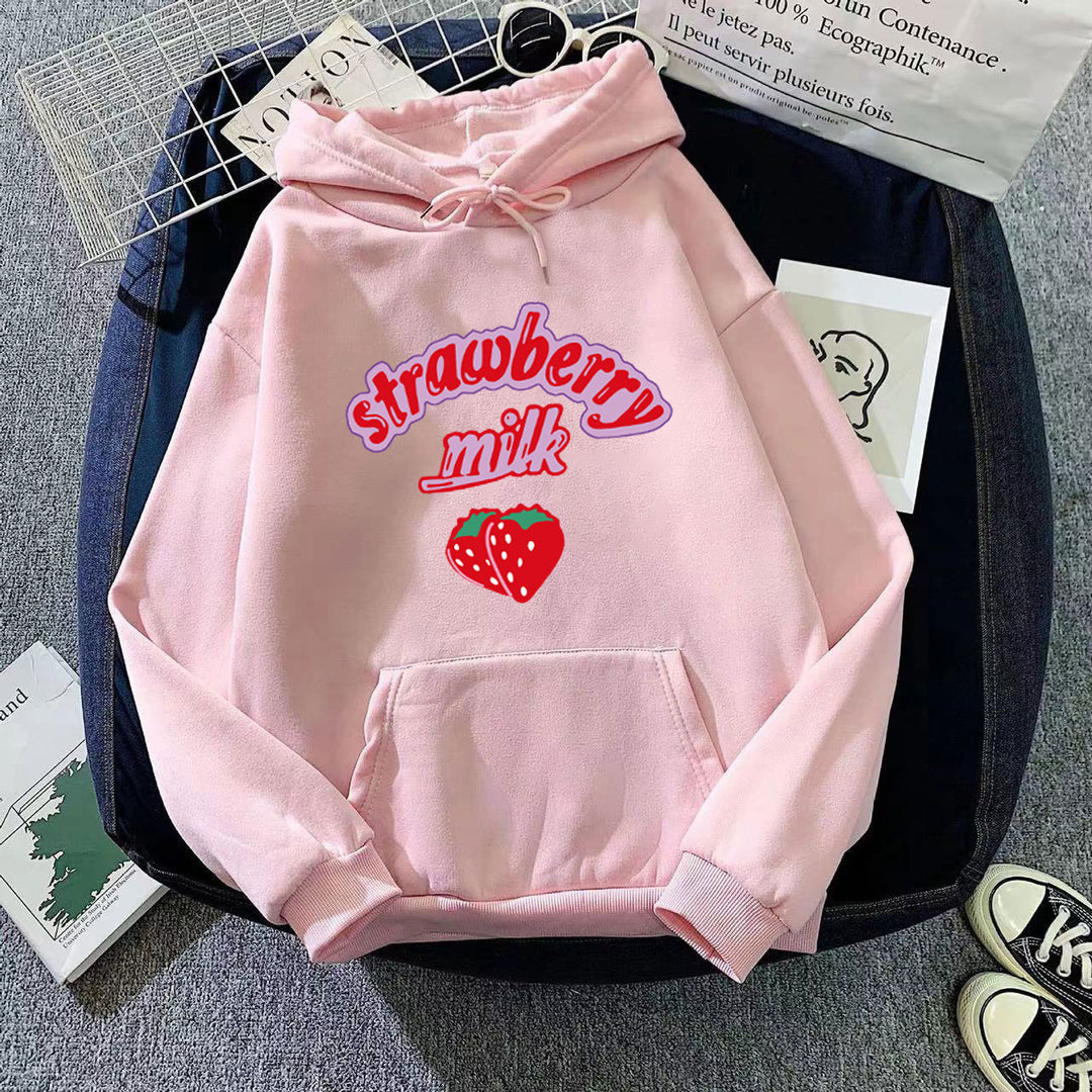 Ladies hooded sweatshirt with cheerful strawberry milk design Chic & Stil