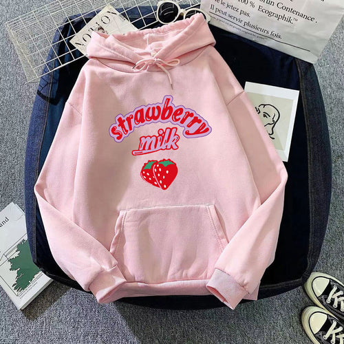 Ladies hooded sweatshirt with cheerful strawberry milk design Chic & Stil