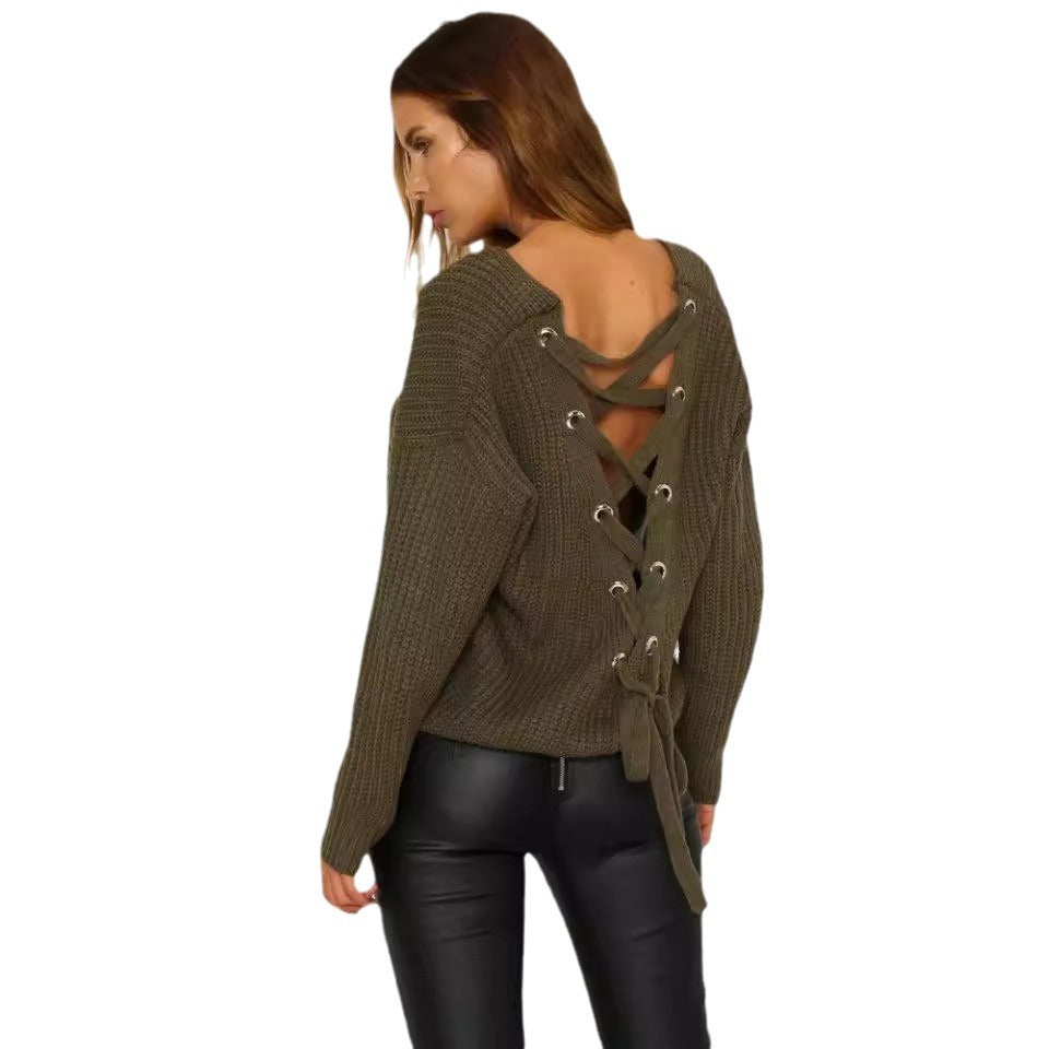 Casual knitted pullover for women with decorative cutout at the back and drawstring Lune London