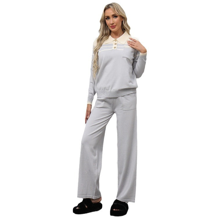 Casual knit loungewear set for women with polo collar and decorative buttons Lune London