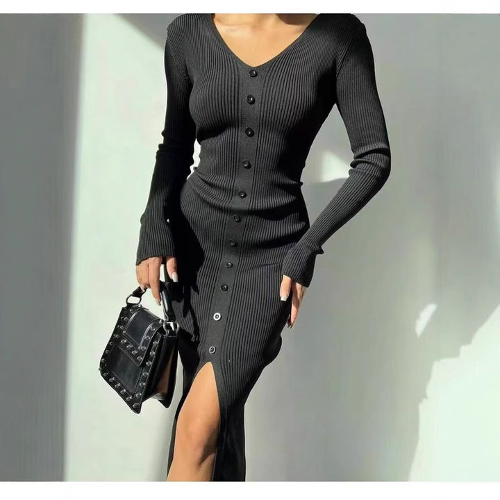 Knit dress for women with deep V-neck and continuous button placket Lune London