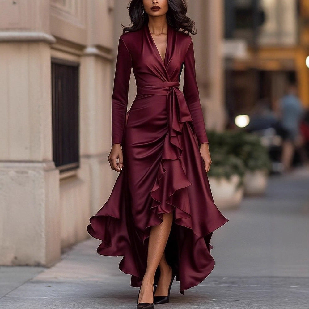 Women Elegant Wrap Dress with Ruffles and Layered Hem Lune London