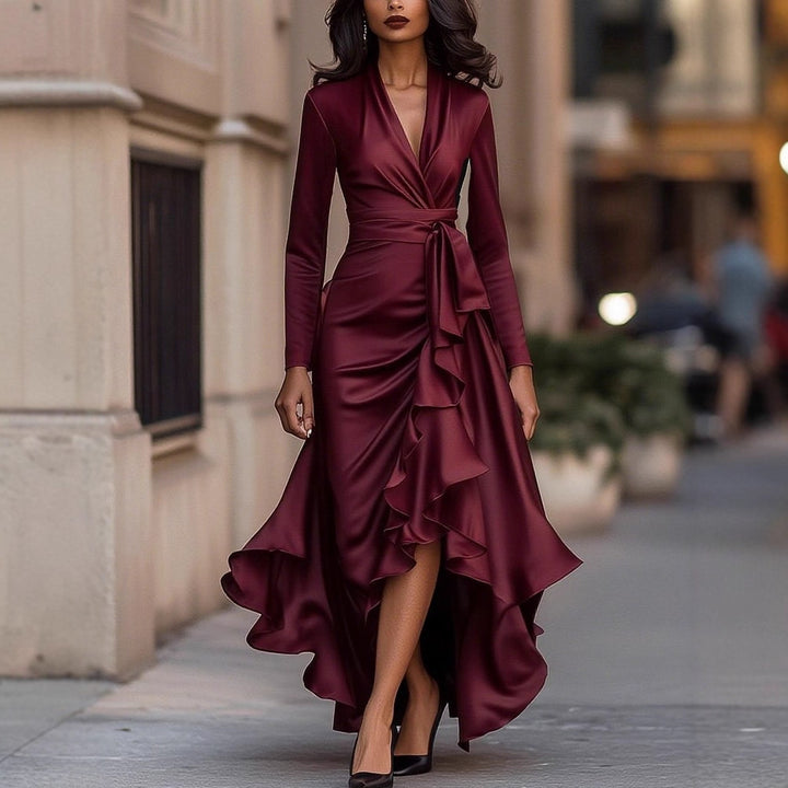 Women Elegant Wrap Dress with Ruffles and Layered Hem Lune London