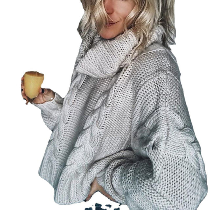 Chunky knit sweater for women with high collar and feminine twisted pattern Lune London