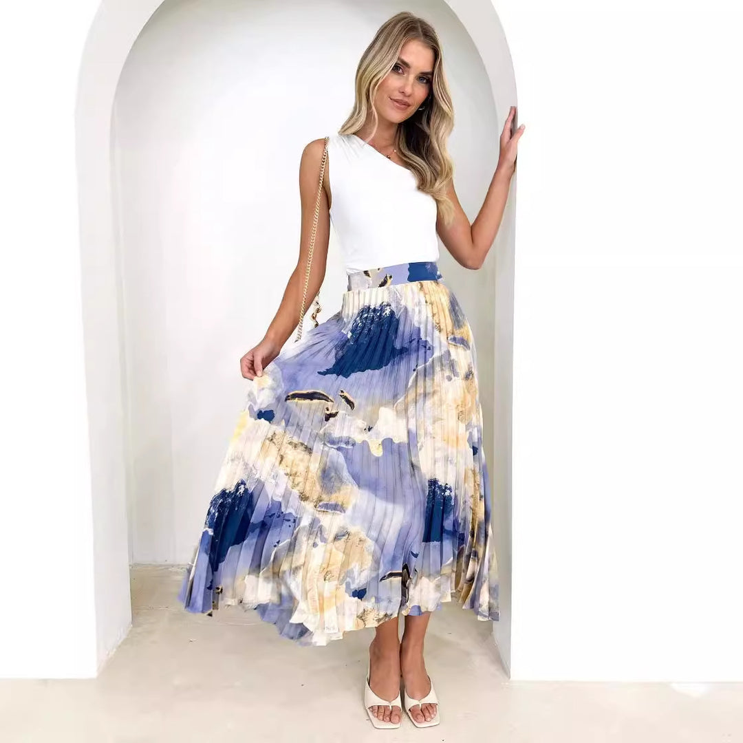 Ladies Elegant Pleated Skirt with Floral Design and Elastic Waistband Lune London