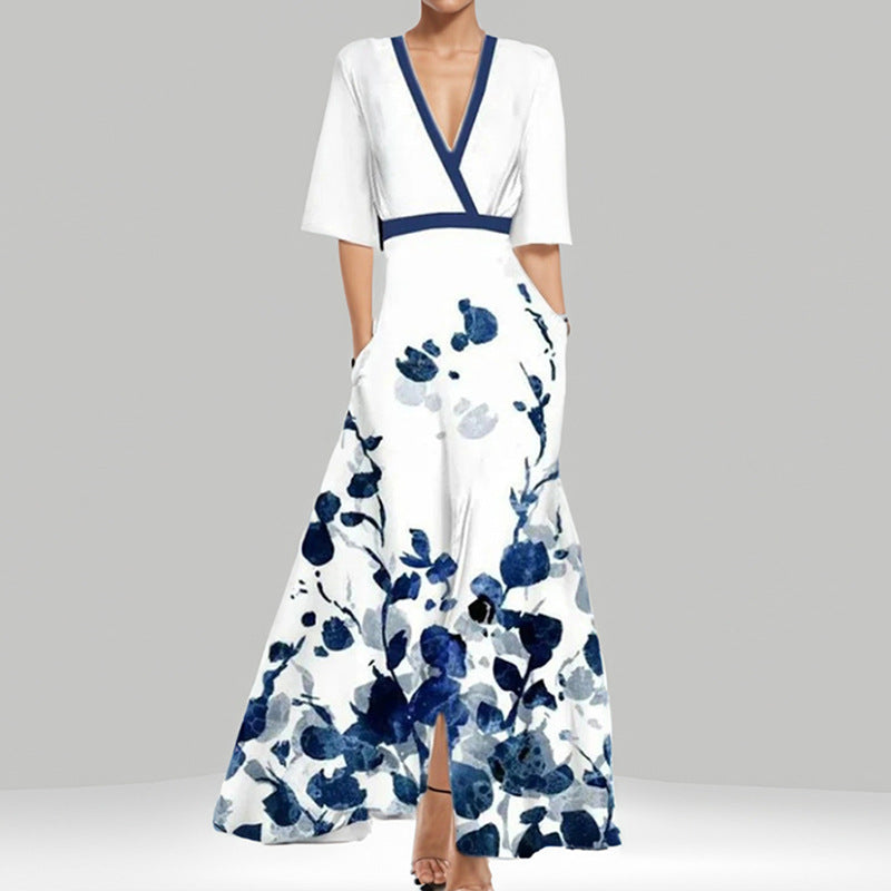 Chic und Stil | Elegant V-Neck Printed Waist Dress with Peplum