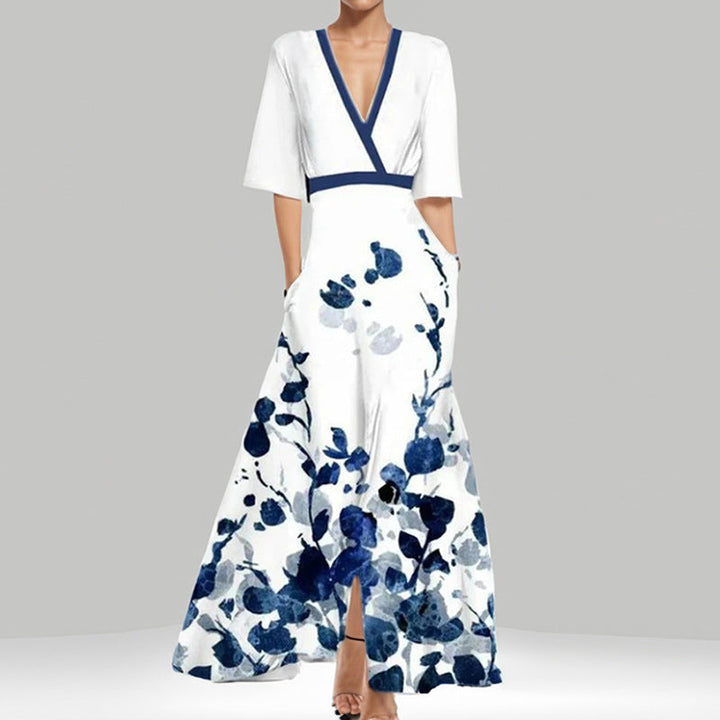 Chic und Stil | Elegant V-Neck Printed Waist Dress with Peplum