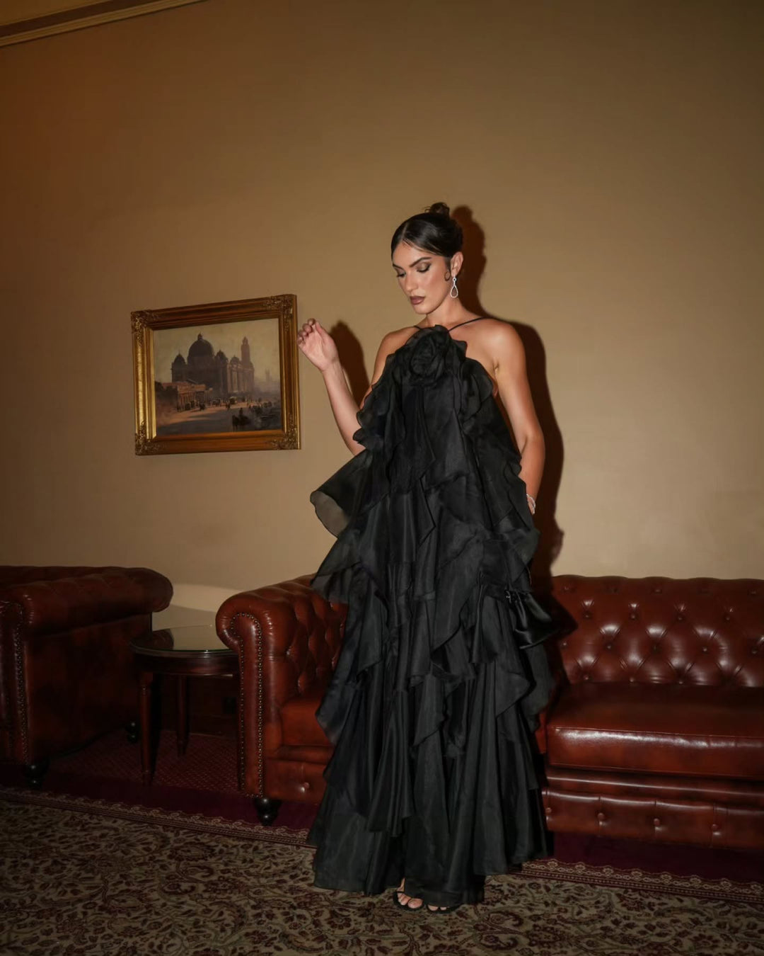 Maxi dress for women with voluminous ruffles and floral accents Lune London