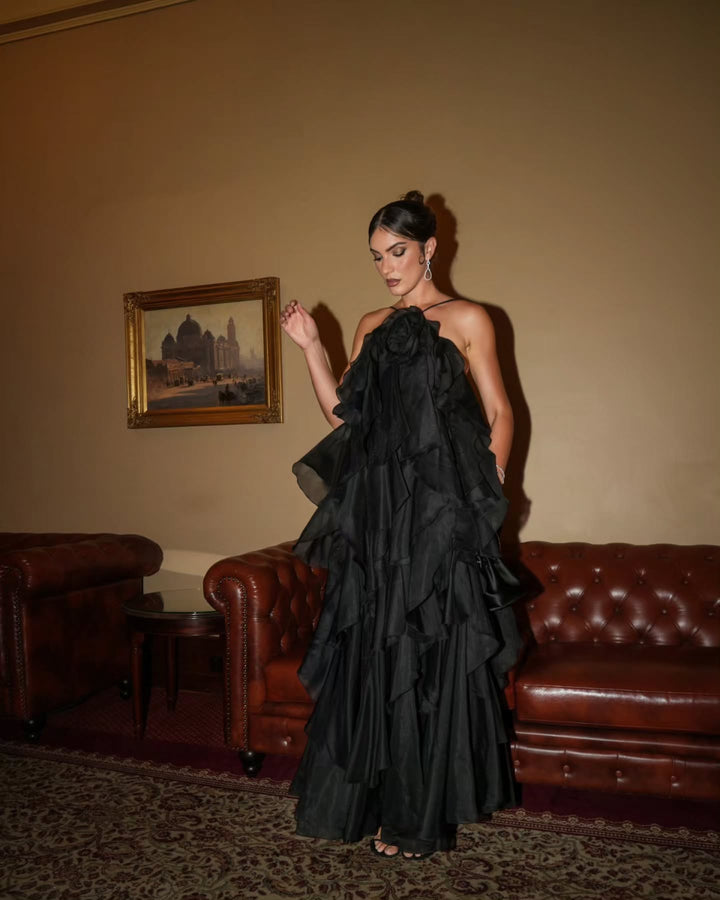 Maxi dress for women with voluminous ruffles and floral accents Lune London