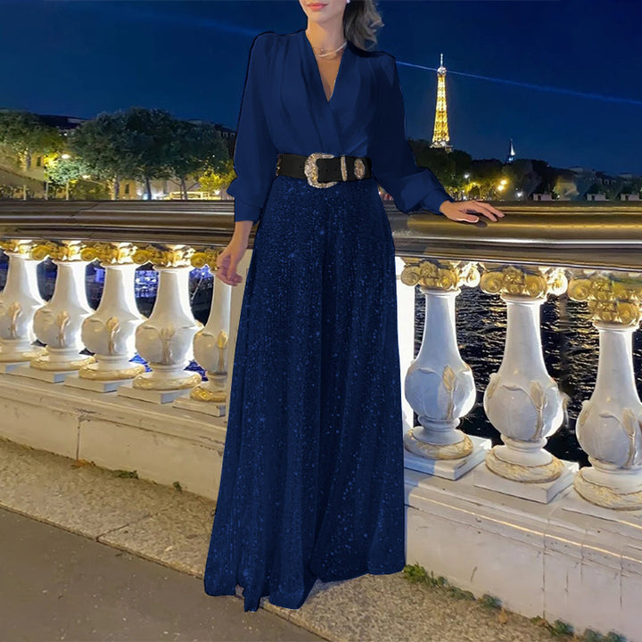Glamorous evening dress for women with sparkling top and flared skirt Lune London