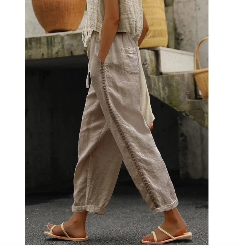 Ladies Lightweight Linen Pants with Side Button Detail Lune London