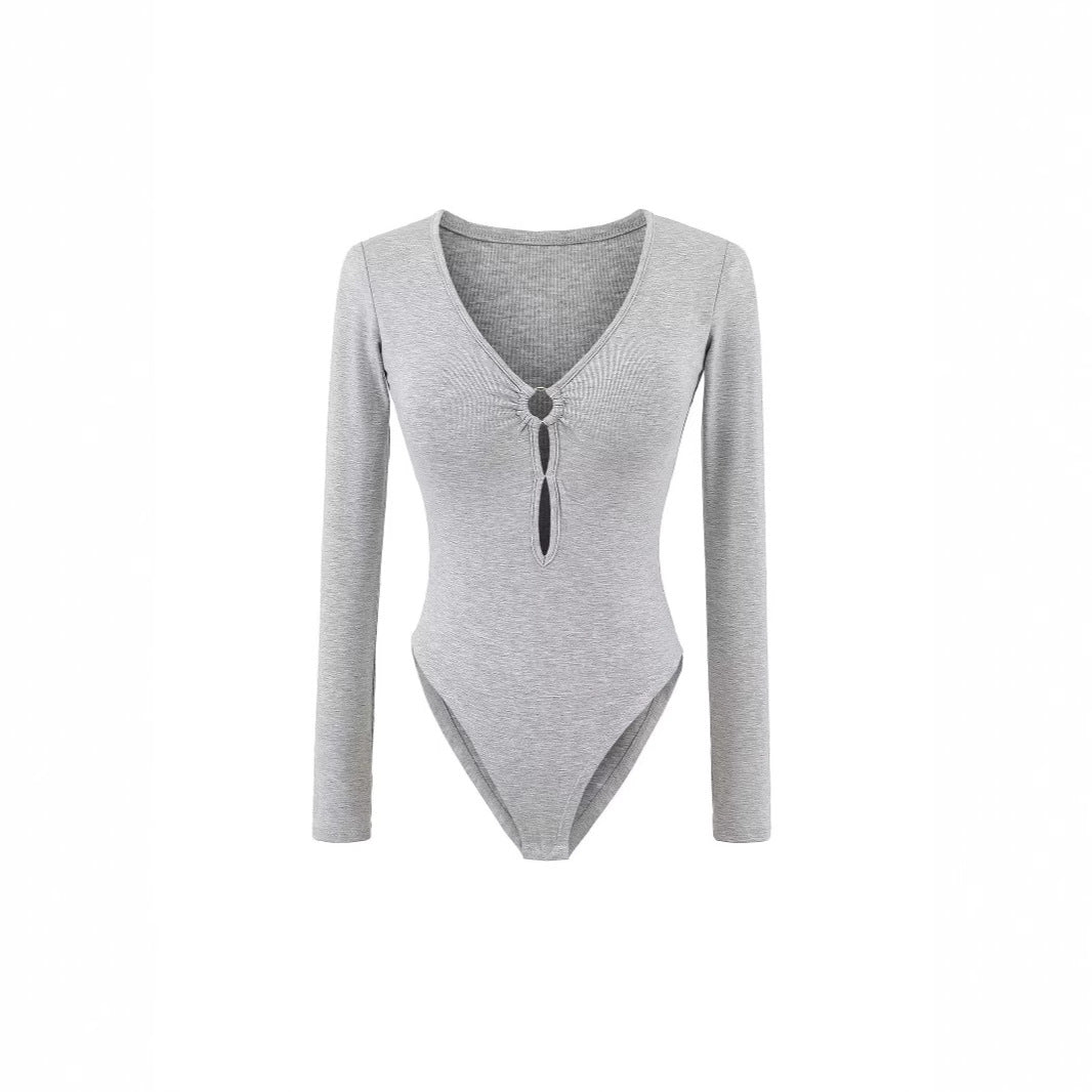Long sleeve women's body with elegant V-neck and decorative ring detail Lune London
