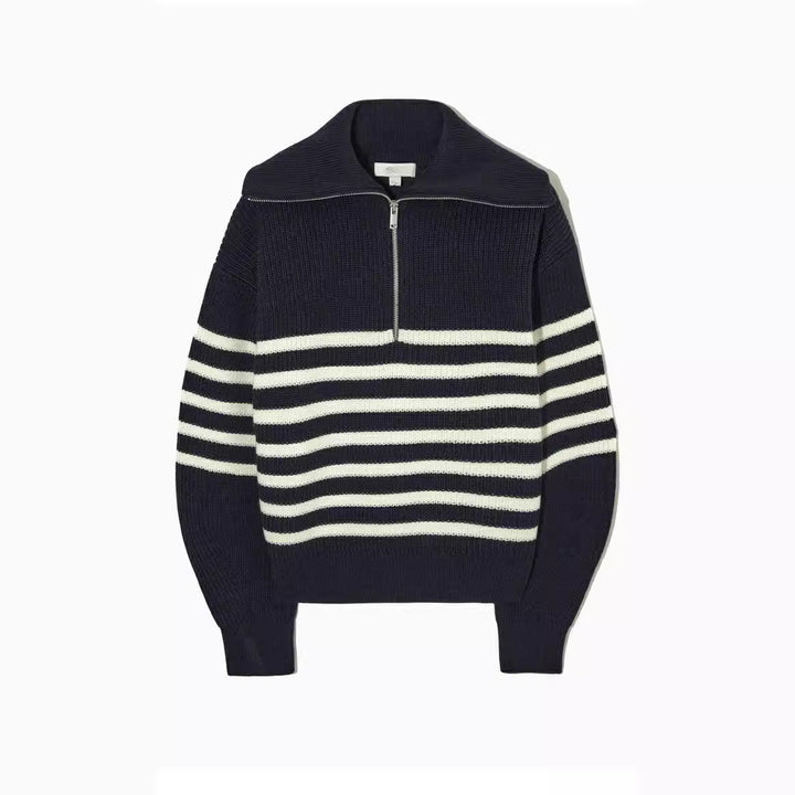 Fashion knit sweater for women with half zipper and striped design Lune London