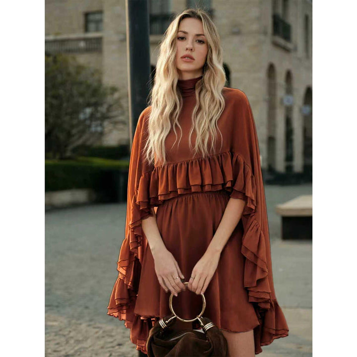 Women Elegant Ruffle Dress with High Neckline and Flowing Cut Lune London