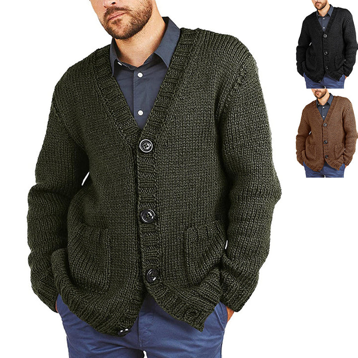 Men's chunky knit jacket with classic V-neck and practical pockets Lune London