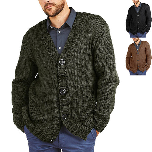 Men's chunky knit jacket with classic V-neck and practical pockets Lune London