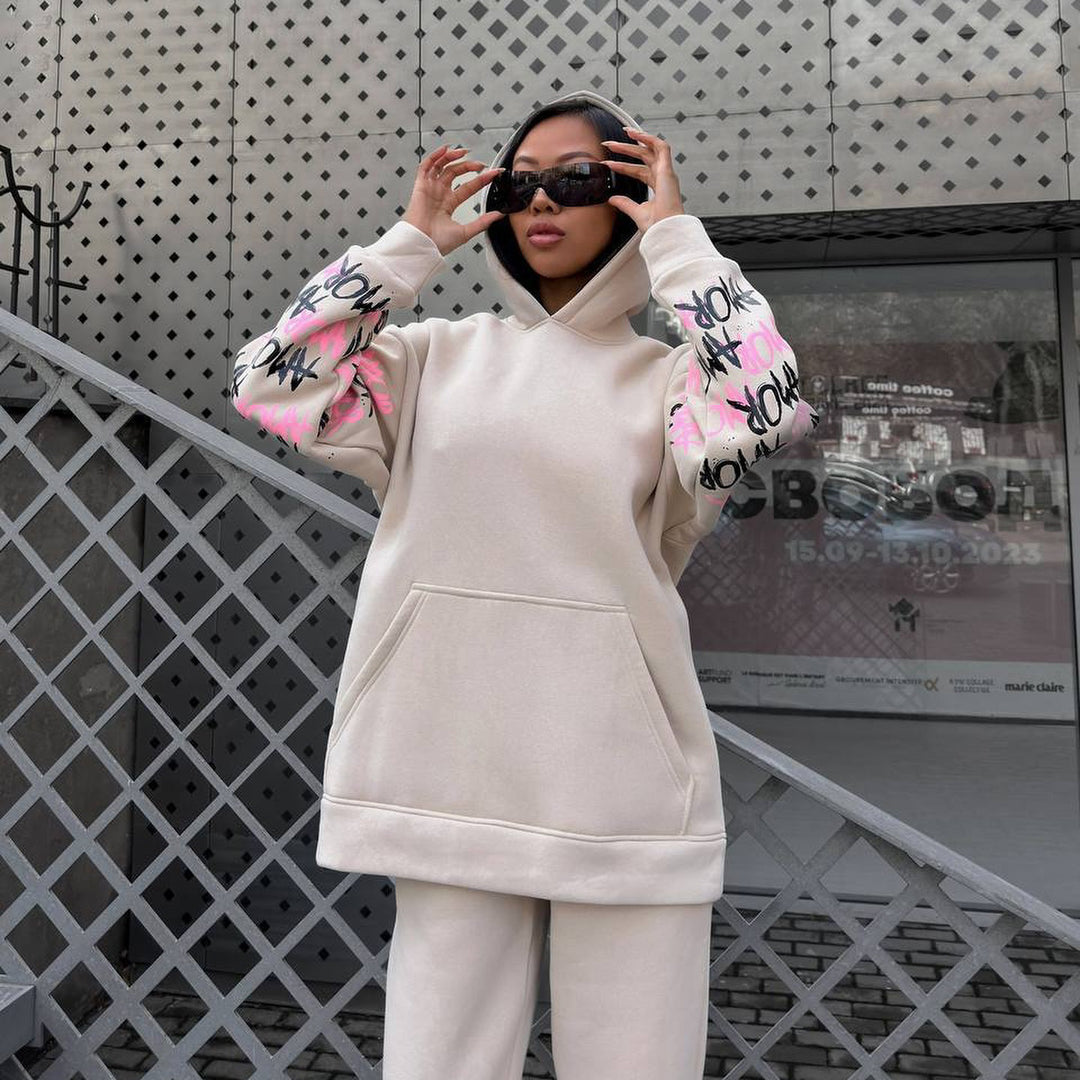 Hoodie for women with creative lettering and unique sleeve graphics Lune London