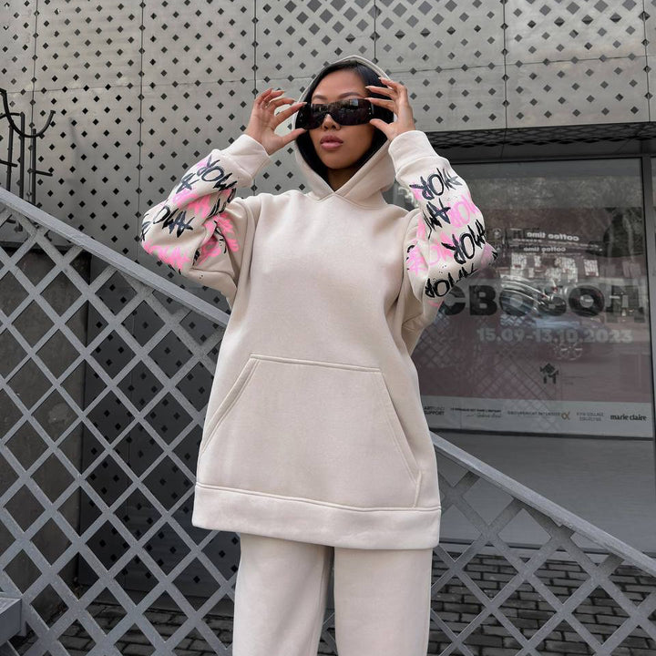 Hoodie for women with creative lettering and unique sleeve graphics Lune London