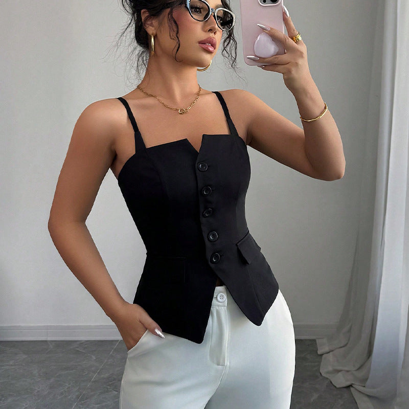 Women's Sleeveless Blouse Top with Tailored Cut and Button Details Lune London
