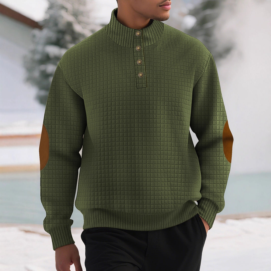 Modern high collar sweater for men with textured design and leather applications Lune London