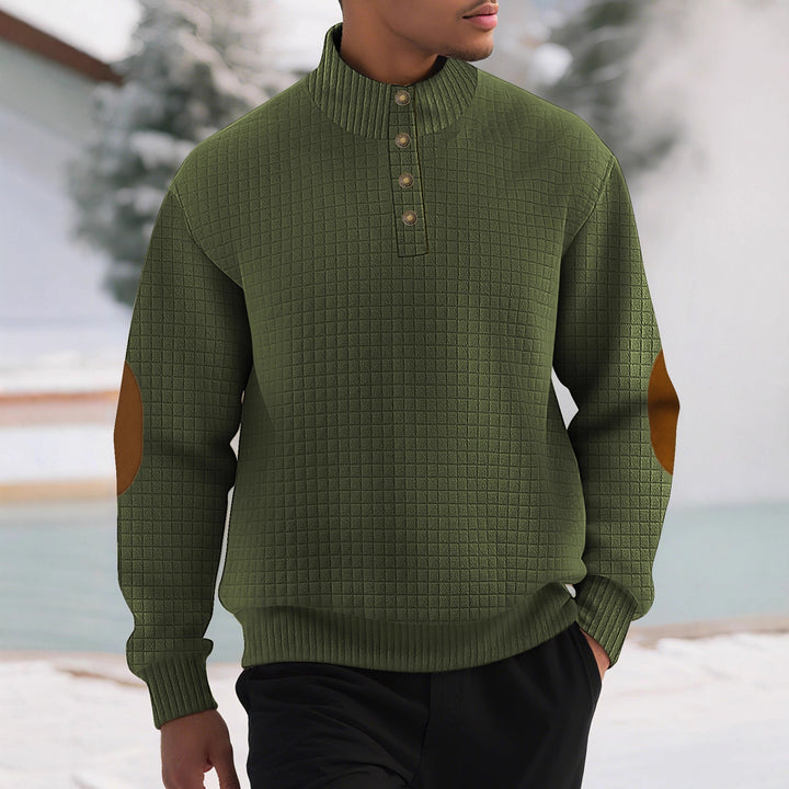 Modern high collar sweater for men with textured design and leather applications Lune London