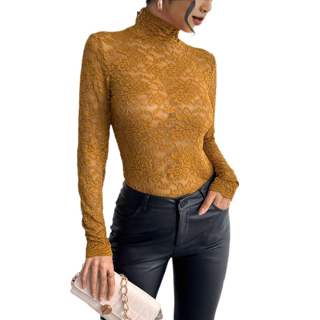 Women Long Sleeve Lace Bodysuit with High Collar Lune London