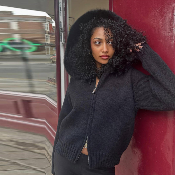 Ladies Knit Pullover with Fur Collar Lune London